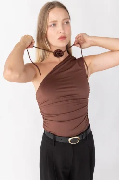 ONE SHOULDER RUCHED TOP WITH ROSETTE DETAIL