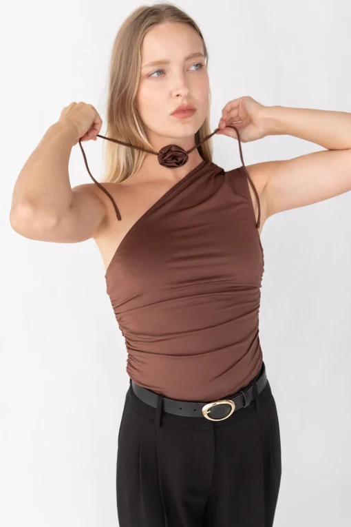 ONE SHOULDER RUCHED TOP WITH ROSETTE DETAIL