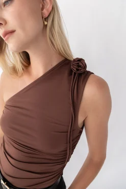 ONE SHOULDER RUCHED TOP WITH ROSETTE DETAIL