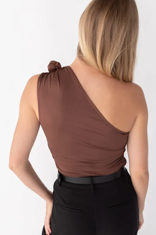 ONE SHOULDER RUCHED TOP WITH ROSETTE DETAIL