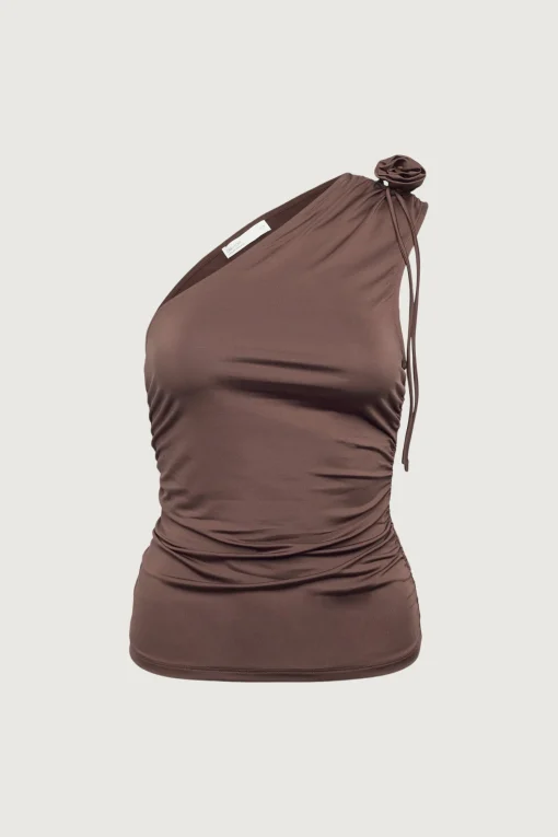 ONE SHOULDER RUCHED TOP WITH ROSETTE DETAIL