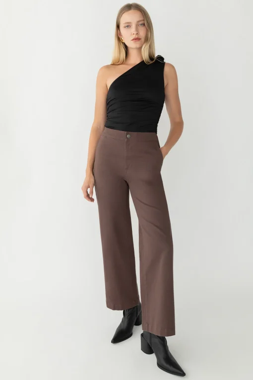 ONE SHOULDER RUCHED TOP WITH ROSETTE DETAIL