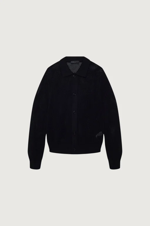 OPEN KNIT BUTTON UP COLLARED CARDIGAN