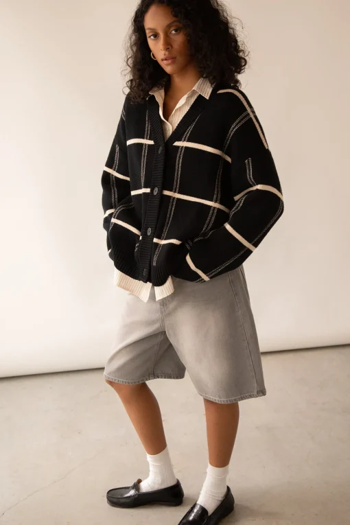 OVERSIZED GRID BUTTON FRONT CARDIGAN