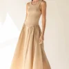 POPLIN RIB-KNIT DROP WAIST MIDI DRESS