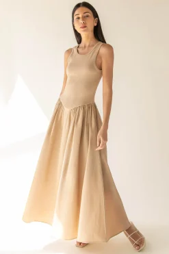 POPLIN RIB-KNIT DROP WAIST MIDI DRESS
