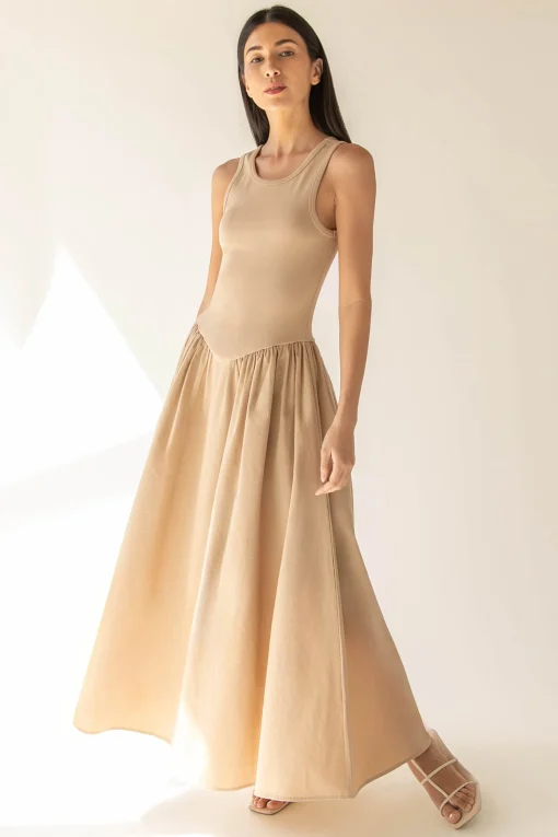 POPLIN RIB-KNIT DROP WAIST MIDI DRESS