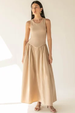 POPLIN RIB-KNIT DROP WAIST MIDI DRESS