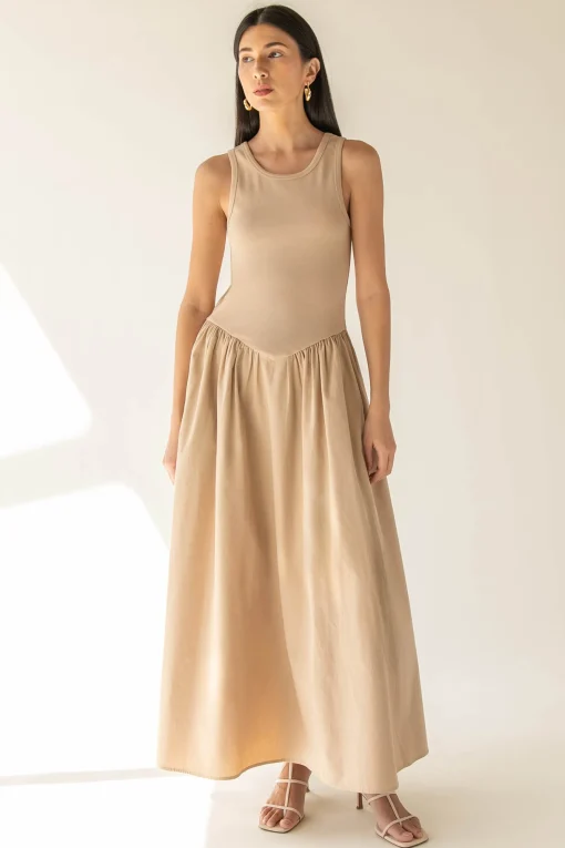 POPLIN RIB-KNIT DROP WAIST MIDI DRESS