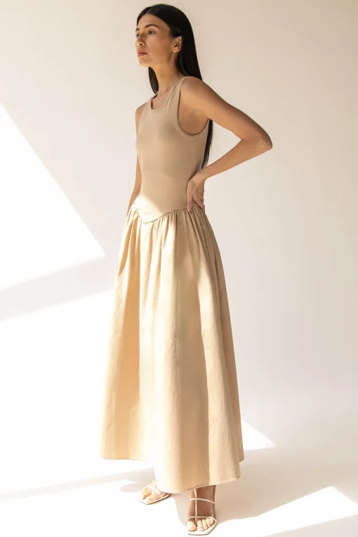 POPLIN RIB-KNIT DROP WAIST MIDI DRESS