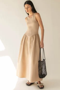 POPLIN RIB-KNIT DROP WAIST MIDI DRESS