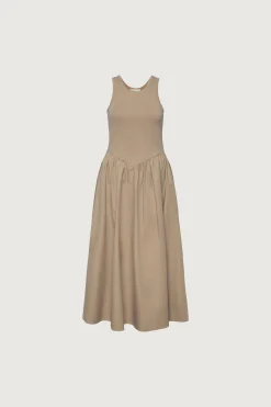 POPLIN RIB-KNIT DROP WAIST MIDI DRESS