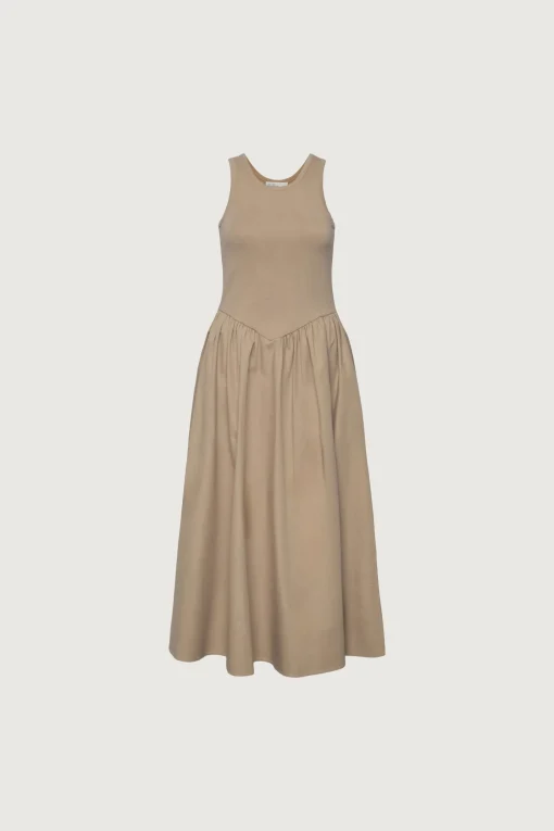 POPLIN RIB-KNIT DROP WAIST MIDI DRESS