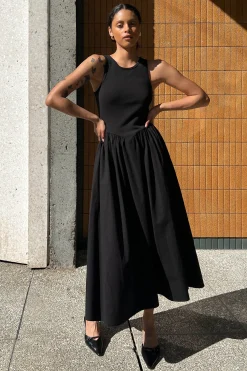 POPLIN RIB-KNIT DROP WAIST MIDI DRESS