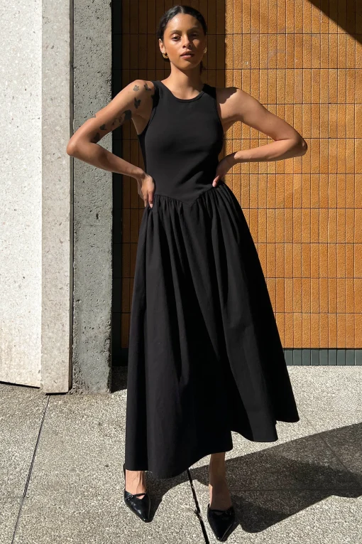 POPLIN RIB-KNIT DROP WAIST MIDI DRESS