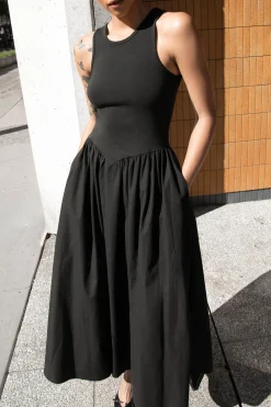 POPLIN RIB-KNIT DROP WAIST MIDI DRESS