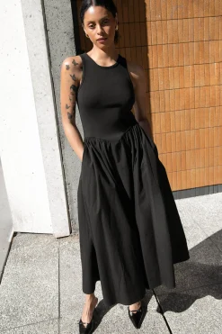 POPLIN RIB-KNIT DROP WAIST MIDI DRESS