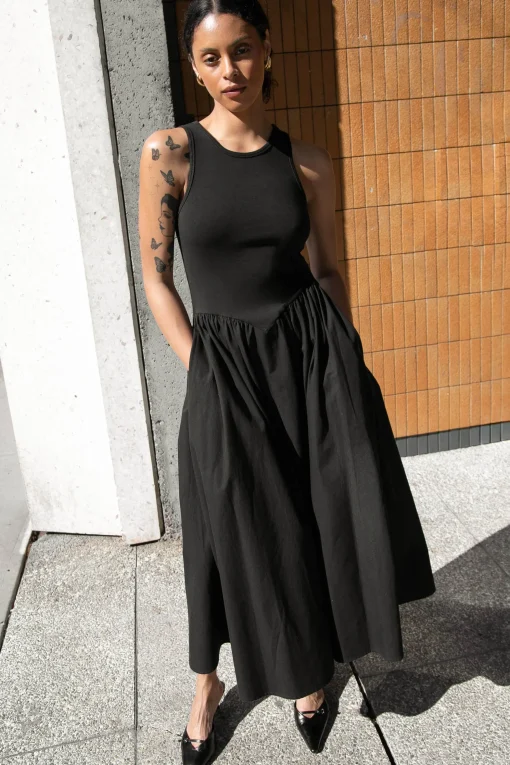 POPLIN RIB-KNIT DROP WAIST MIDI DRESS