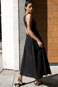 POPLIN RIB-KNIT DROP WAIST MIDI DRESS