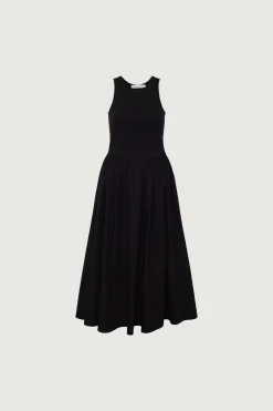 POPLIN RIB-KNIT DROP WAIST MIDI DRESS