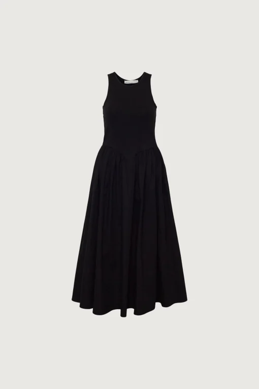 POPLIN RIB-KNIT DROP WAIST MIDI DRESS