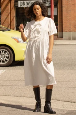 PUFF SLEEVE MIDI DRESS WITH BOWS