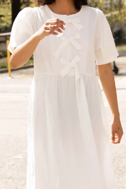 PUFF SLEEVE MIDI DRESS WITH BOWS