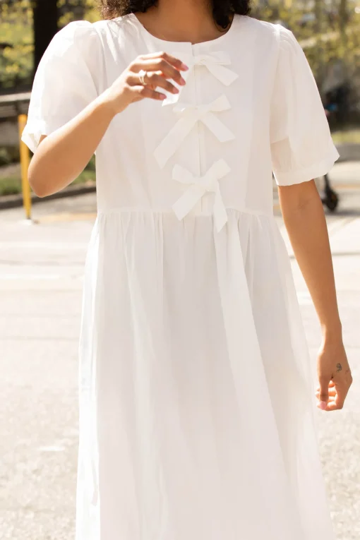 PUFF SLEEVE MIDI DRESS WITH BOWS