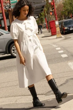 PUFF SLEEVE MIDI DRESS WITH BOWS