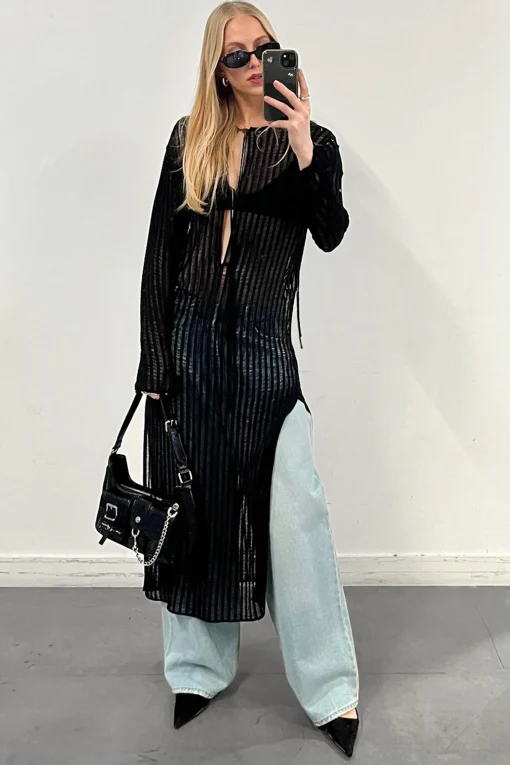 REVERSIBLE SHEER RIB-KNIT DRESS SWIM COVERUP
