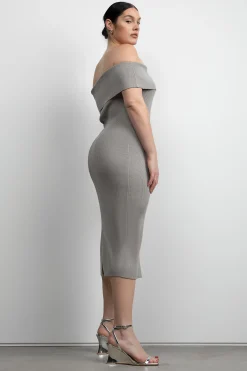 RIBBED OFF THE SHOULDER MIDI DRESS