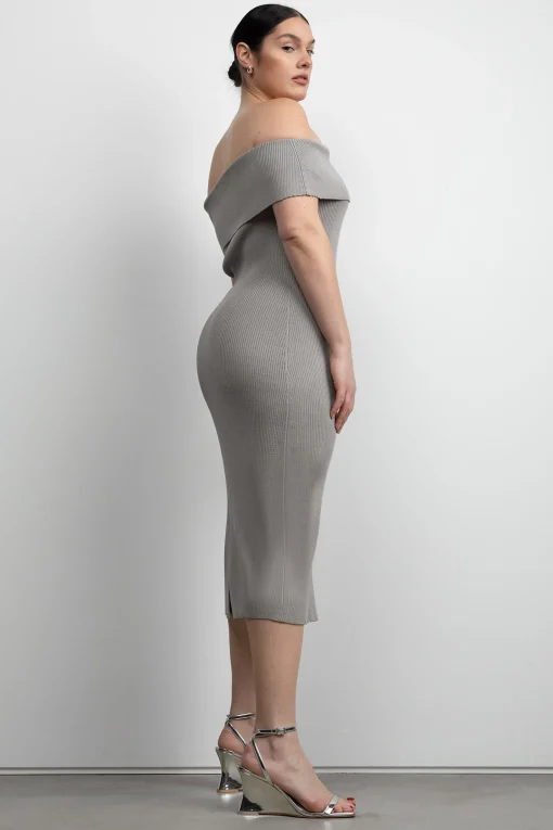 RIBBED OFF THE SHOULDER MIDI DRESS