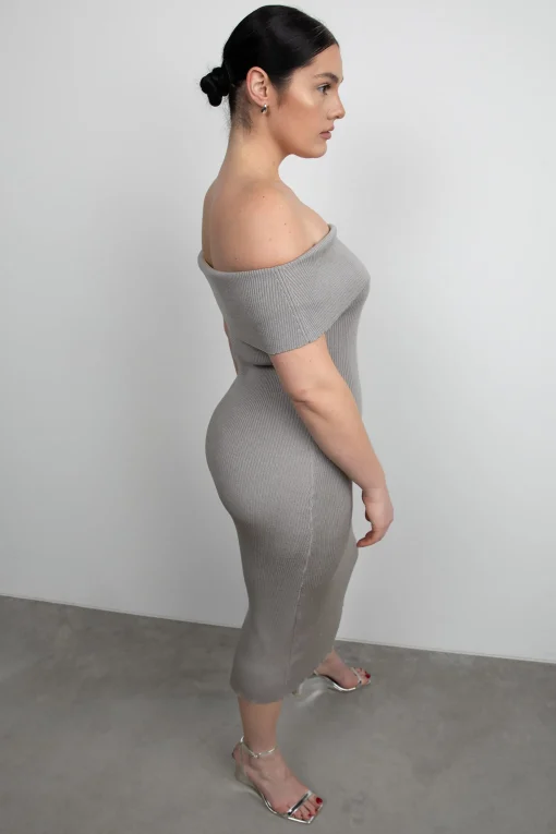 RIBBED OFF THE SHOULDER MIDI DRESS