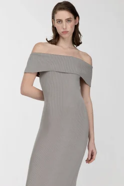 RIBBED OFF THE SHOULDER MIDI DRESS