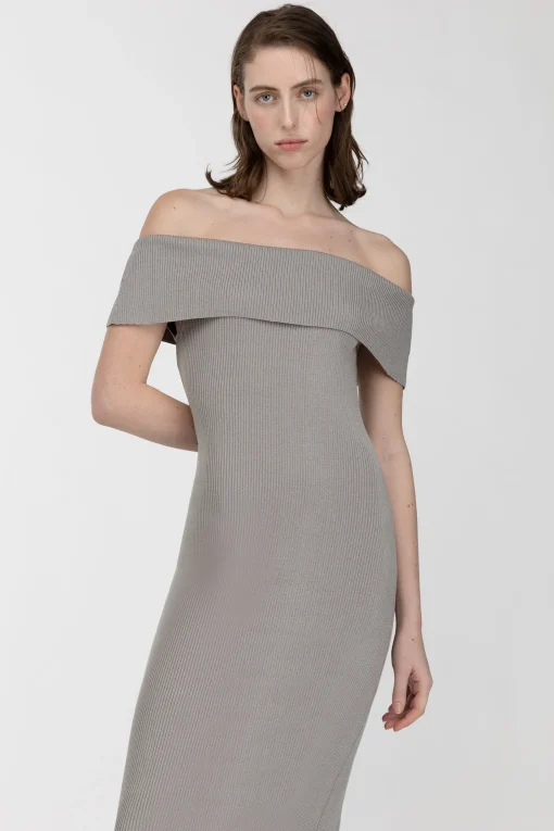 RIBBED OFF THE SHOULDER MIDI DRESS
