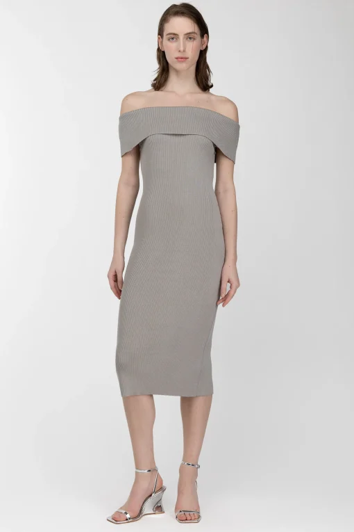 RIBBED OFF THE SHOULDER MIDI DRESS
