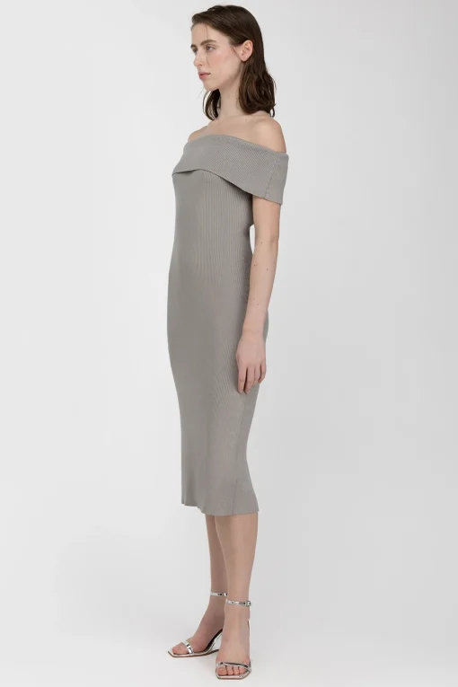 RIBBED OFF THE SHOULDER MIDI DRESS