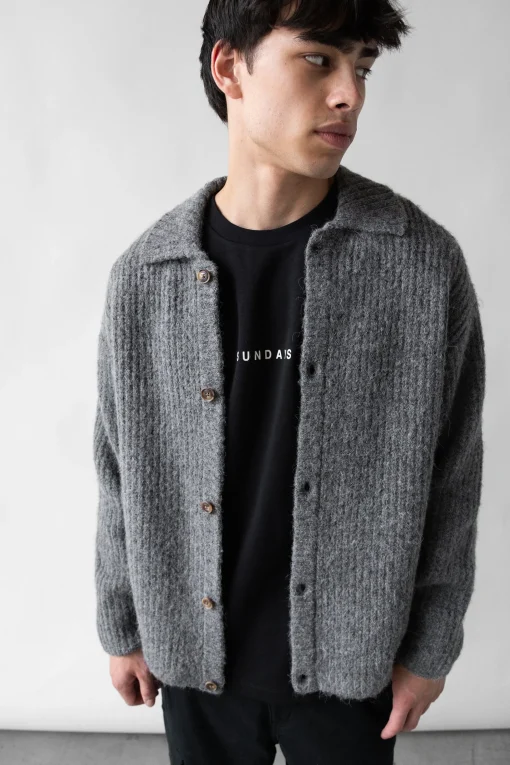 RIB-KNIT COLLARED CARDIGAN