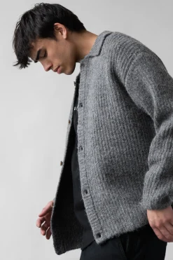 RIB-KNIT COLLARED CARDIGAN