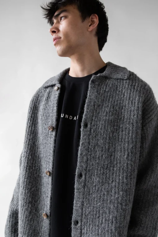 RIB-KNIT COLLARED CARDIGAN