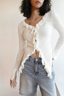 RUFFLED V-NECK LONG SLEEVE TOP