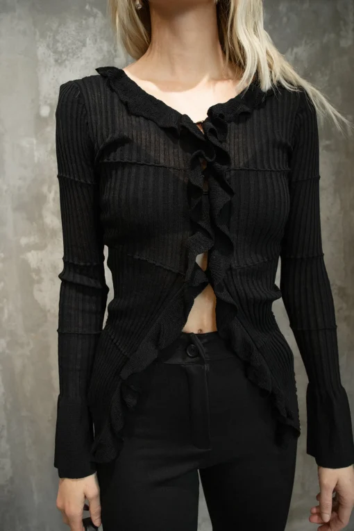 RUFFLED V-NECK LONG SLEEVE TOP