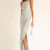 SATIN MAXI DRESS WITH LACE TRIM SLIT