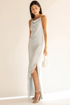 SATIN MAXI DRESS WITH LACE TRIM SLIT