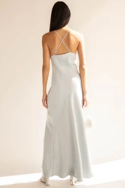 SATIN MAXI DRESS WITH LACE TRIM SLIT