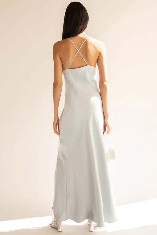 SATIN MAXI DRESS WITH LACE TRIM SLIT