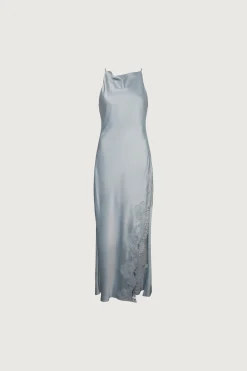 SATIN MAXI DRESS WITH LACE TRIM SLIT