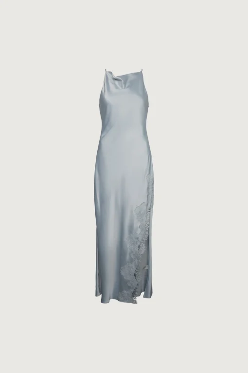 SATIN MAXI DRESS WITH LACE TRIM SLIT