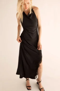 SATIN MAXI DRESS WITH LACE TRIM SLIT