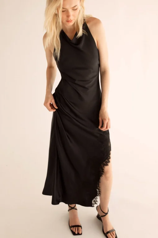 SATIN MAXI DRESS WITH LACE TRIM SLIT
